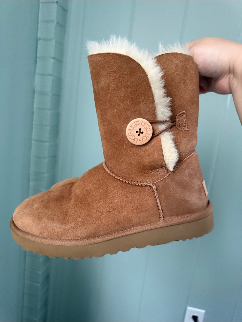 UGG Chestnut Suede Button Mid-Calf Winter Boots with Shearling Trim